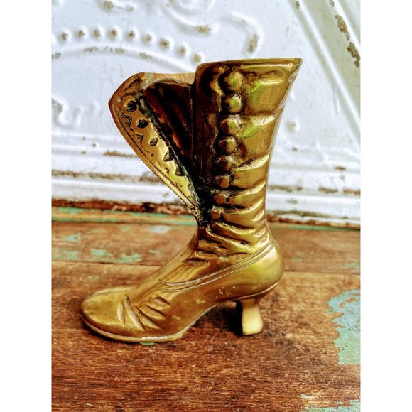 Vintage Brass Victorian Boot Vase Planter - Picture 11 of 13